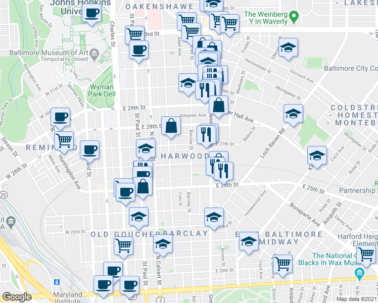 map of restaurants, bars, coffee shops, grocery stores, and more near 2701 Barclay Street in Baltimore