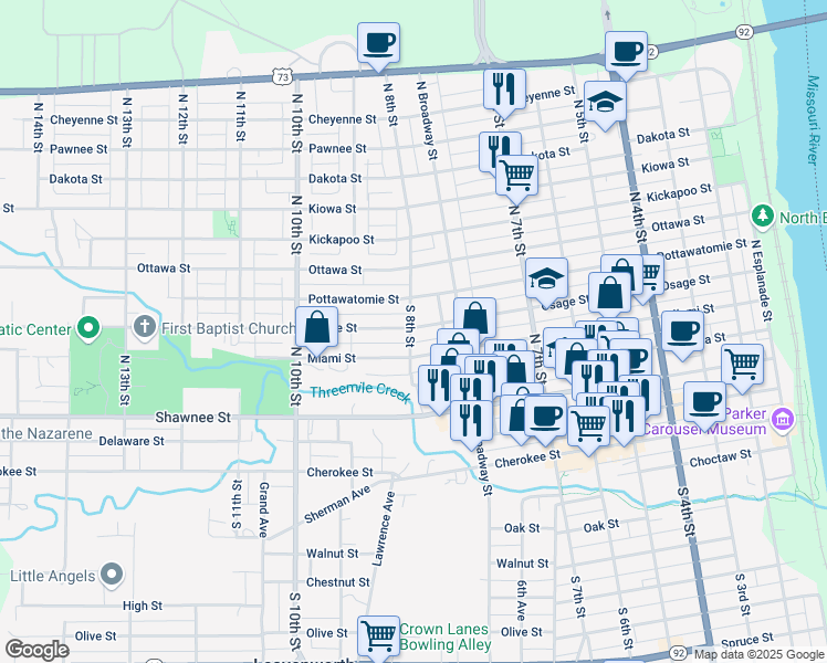 map of restaurants, bars, coffee shops, grocery stores, and more near 778 Osage Street in Leavenworth
