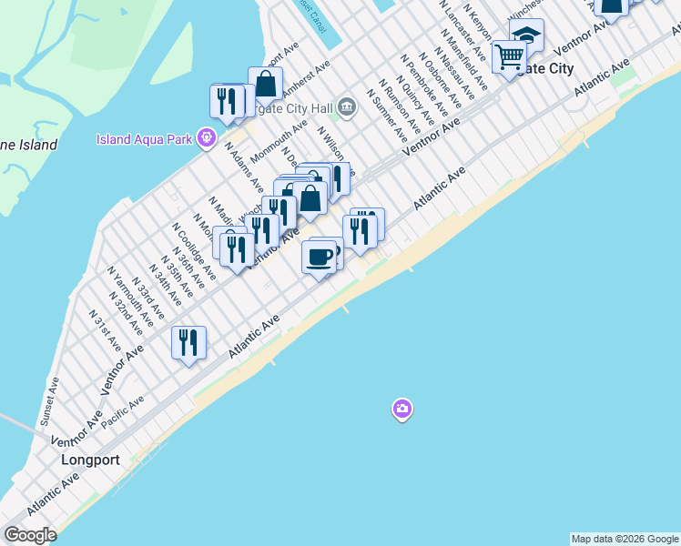 map of restaurants, bars, coffee shops, grocery stores, and more near 9219 South Washington Avenue in Margate City