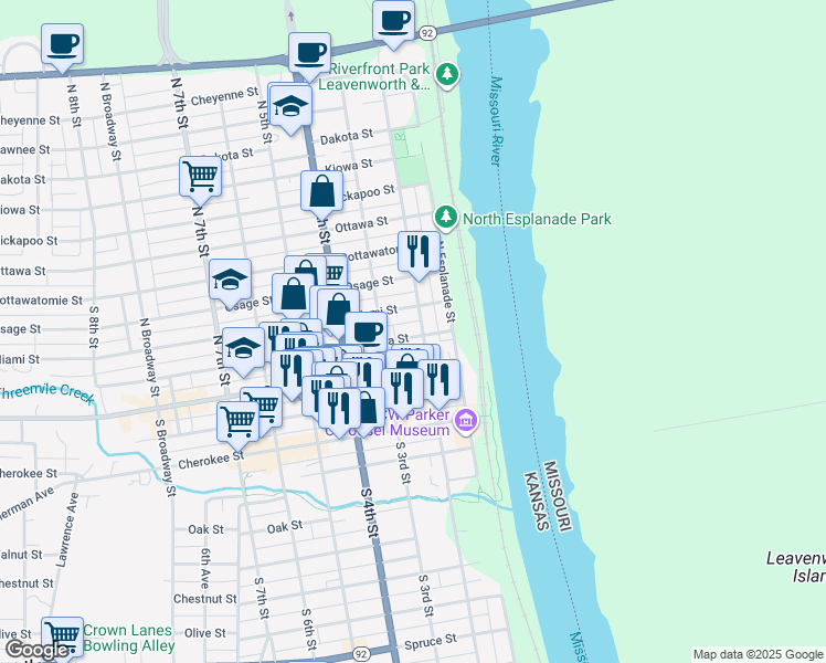 map of restaurants, bars, coffee shops, grocery stores, and more near 200 Seneca Street in Leavenworth