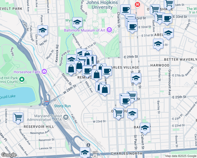 map of restaurants, bars, coffee shops, grocery stores, and more near 2700 Remington Avenue in Baltimore