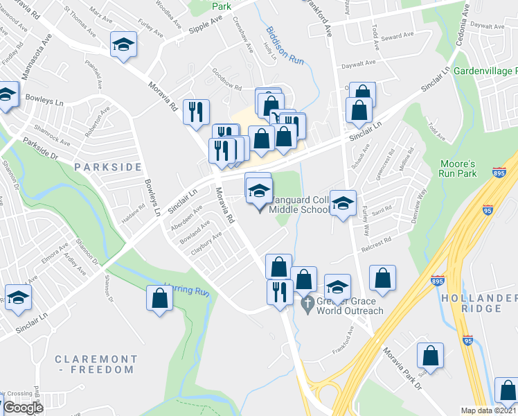 map of restaurants, bars, coffee shops, grocery stores, and more near 5001 Sinclair Lane in Baltimore