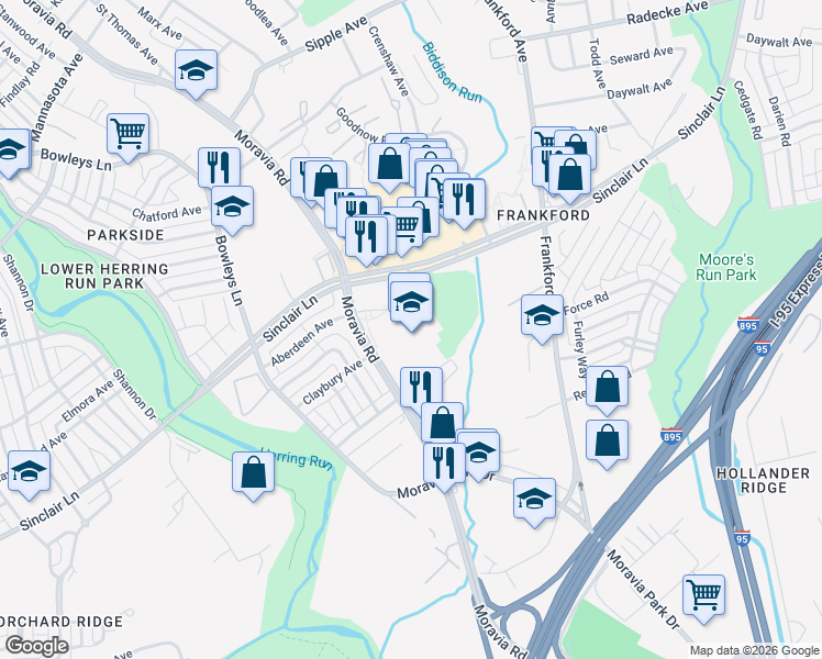 map of restaurants, bars, coffee shops, grocery stores, and more near 5001 Sinclair Lane in Baltimore