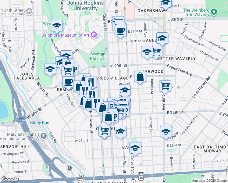 map of restaurants, bars, coffee shops, grocery stores, and more near 5 East 27th Street in Baltimore