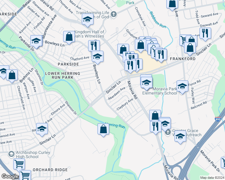 map of restaurants, bars, coffee shops, grocery stores, and more near 4831 Sinclair Lane in Baltimore