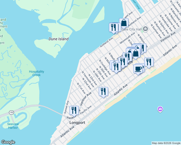 map of restaurants, bars, coffee shops, grocery stores, and more near 119 North 34th Avenue in Longport