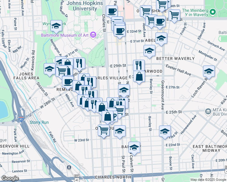 map of restaurants, bars, coffee shops, grocery stores, and more near 7 East 27th Street in Baltimore