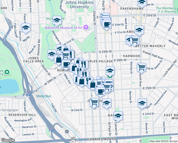 map of restaurants, bars, coffee shops, grocery stores, and more near 2714 Maryland Avenue in Baltimore