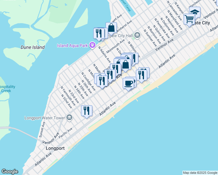 map of restaurants, bars, coffee shops, grocery stores, and more near 9605 Ventnor Avenue in Margate City