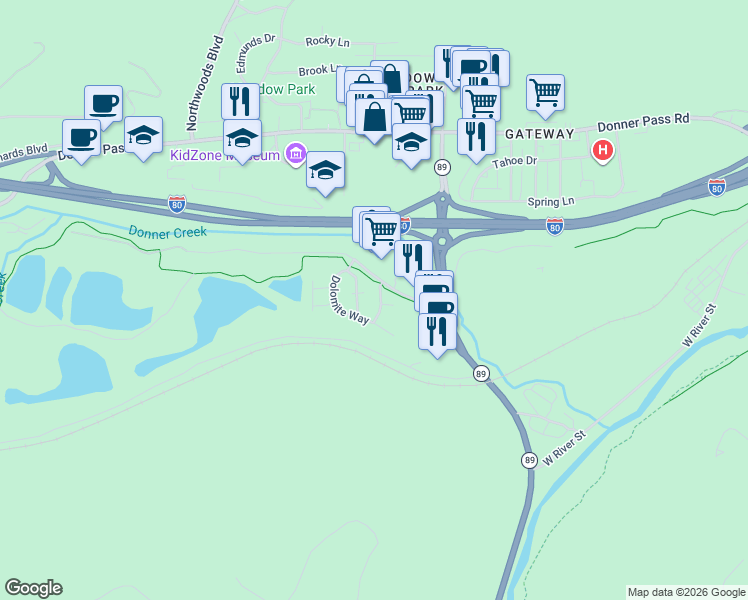 map of restaurants, bars, coffee shops, grocery stores, and more near 11448 Deerfield Drive in Truckee
