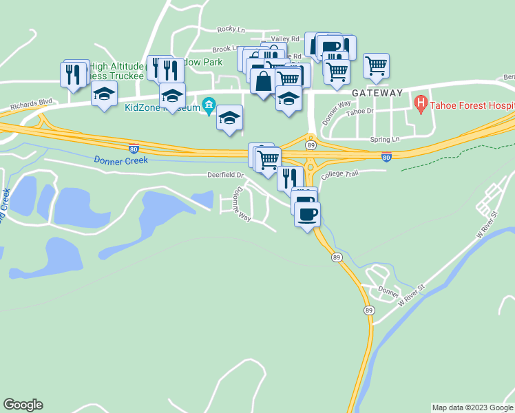 map of restaurants, bars, coffee shops, grocery stores, and more near 10885 Cinnabar Way in Truckee