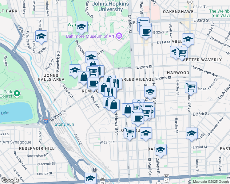 map of restaurants, bars, coffee shops, grocery stores, and more near North Howard Street & West 27th Street in Baltimore