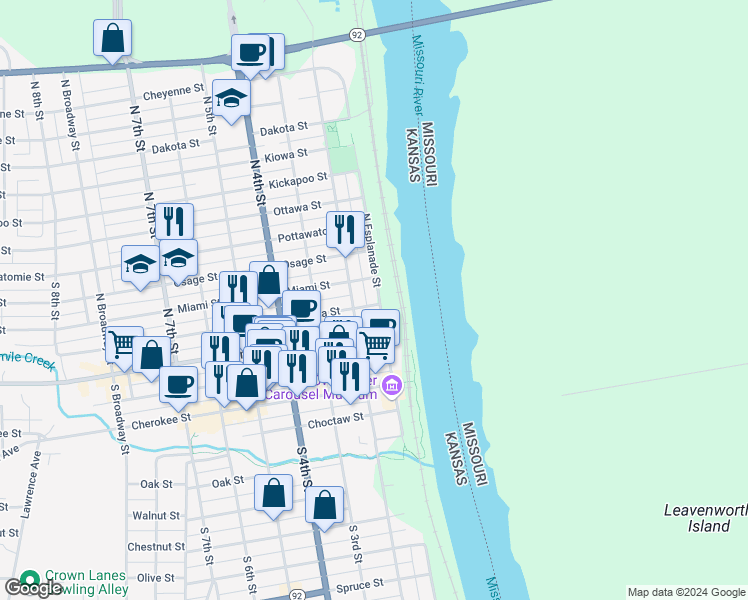 map of restaurants, bars, coffee shops, grocery stores, and more near 213 North Esplanade Street in Leavenworth