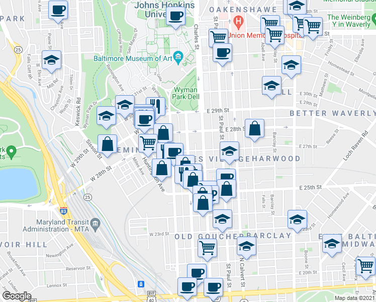 map of restaurants, bars, coffee shops, grocery stores, and more near Maryland Ave & W 27th St in Baltimore