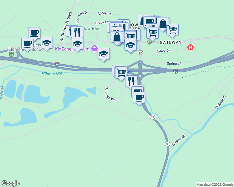 map of restaurants, bars, coffee shops, grocery stores, and more near 10868 Cinnabar Way in Truckee