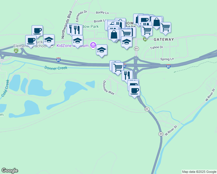 map of restaurants, bars, coffee shops, grocery stores, and more near 10868 Cinnabar Way in Truckee