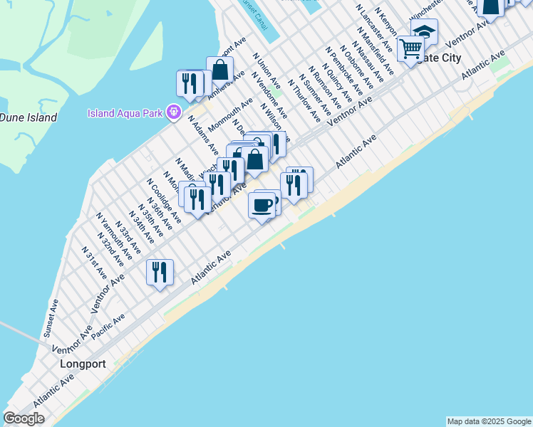map of restaurants, bars, coffee shops, grocery stores, and more near 9315 Atlantic Avenue in Margate City