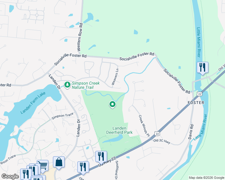 map of restaurants, bars, coffee shops, grocery stores, and more near 2483 Carriagegate Lane in Maineville
