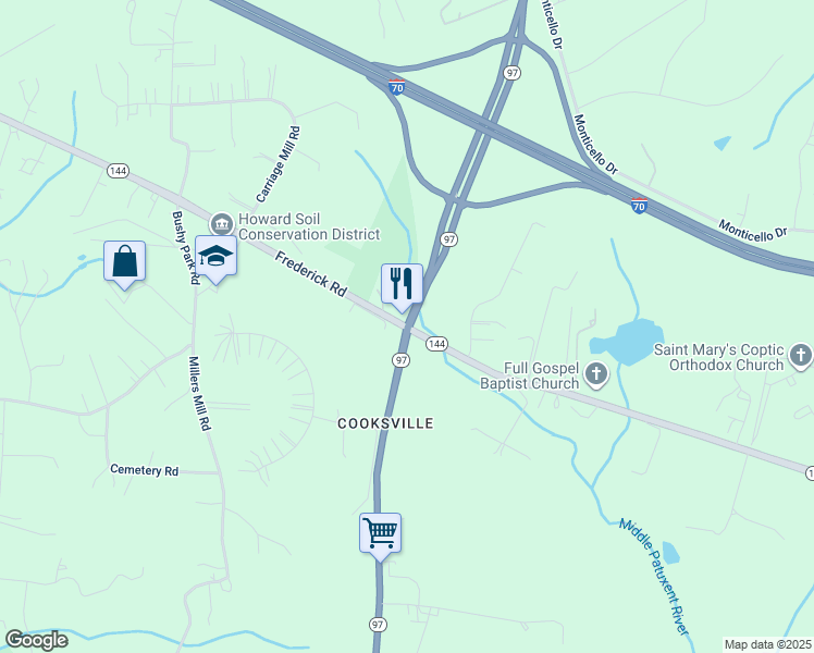 map of restaurants, bars, coffee shops, grocery stores, and more near 2938 Maryland 97 in Howard County