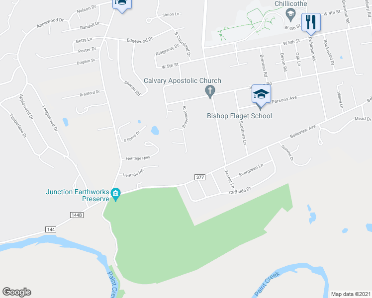 map of restaurants, bars, coffee shops, grocery stores, and more near 300 Braewood Lane in Chillicothe