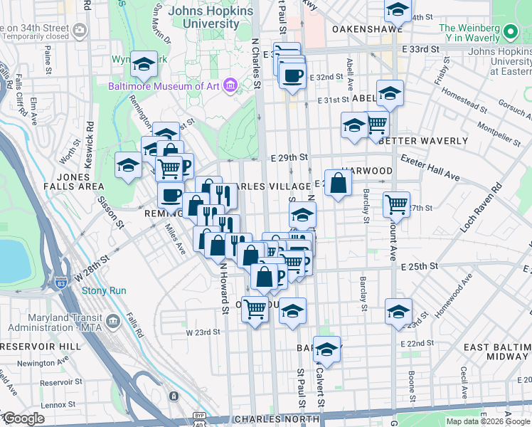 map of restaurants, bars, coffee shops, grocery stores, and more near North Charles Street & West 27th Street in Baltimore