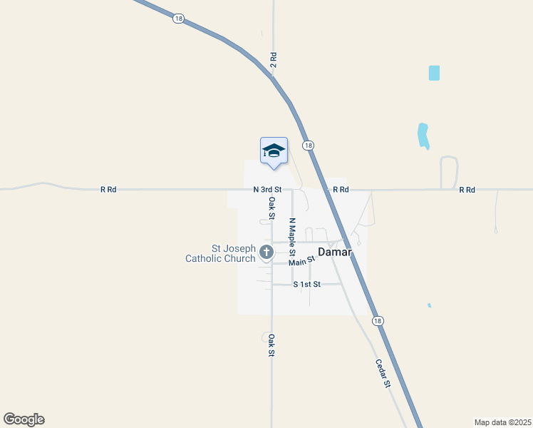 map of restaurants, bars, coffee shops, grocery stores, and more near 107-109 Oak St in Damar
