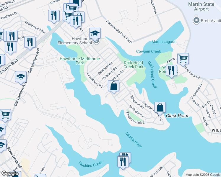 map of restaurants, bars, coffee shops, grocery stores, and more near 505 Grovethorn Road in Middle River