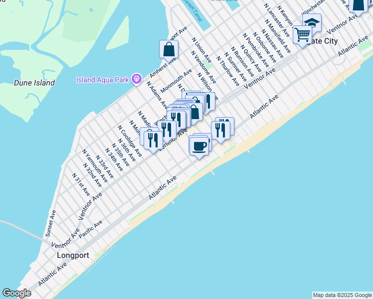 map of restaurants, bars, coffee shops, grocery stores, and more near 23 South Jefferson Avenue in Margate City