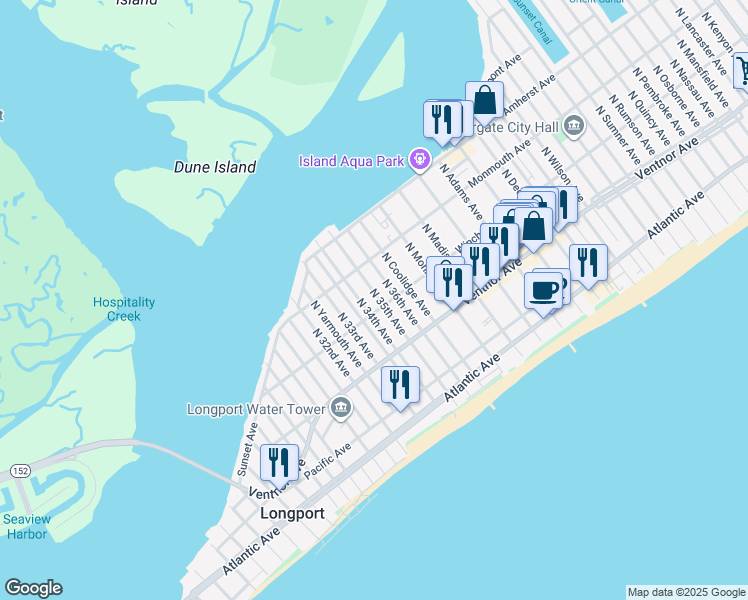 map of restaurants, bars, coffee shops, grocery stores, and more near 104 North 35th Avenue in Longport