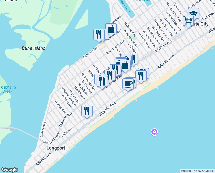 map of restaurants, bars, coffee shops, grocery stores, and more near 9605 Ventnor Avenue in Margate City