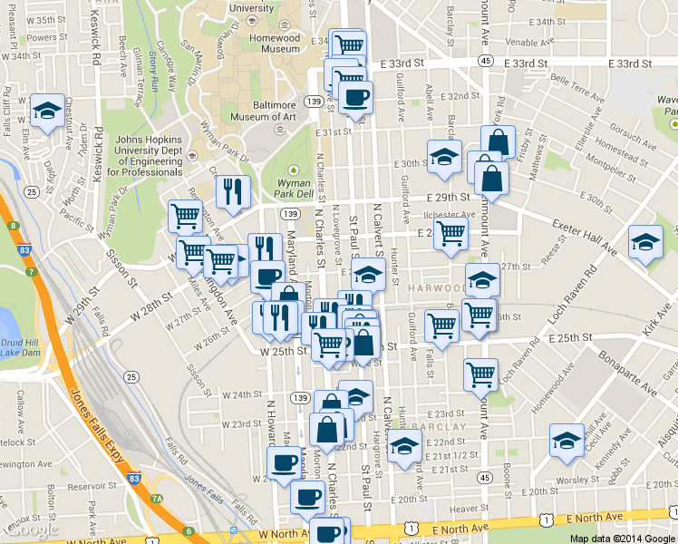 map of restaurants, bars, coffee shops, grocery stores, and more near E 27th St & Lovegrove St in Baltimore