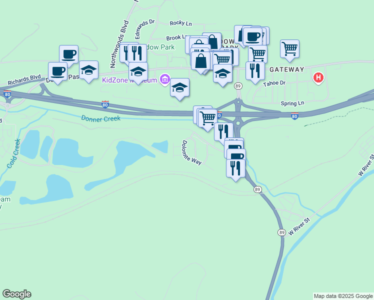 map of restaurants, bars, coffee shops, grocery stores, and more near 10868 Cinnabar Way in Truckee