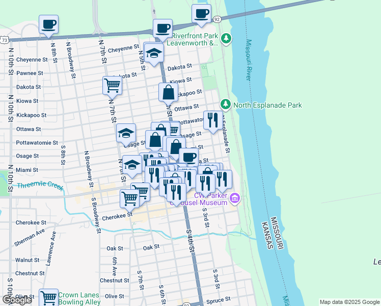 map of restaurants, bars, coffee shops, grocery stores, and more near 231 Miami Street in Leavenworth