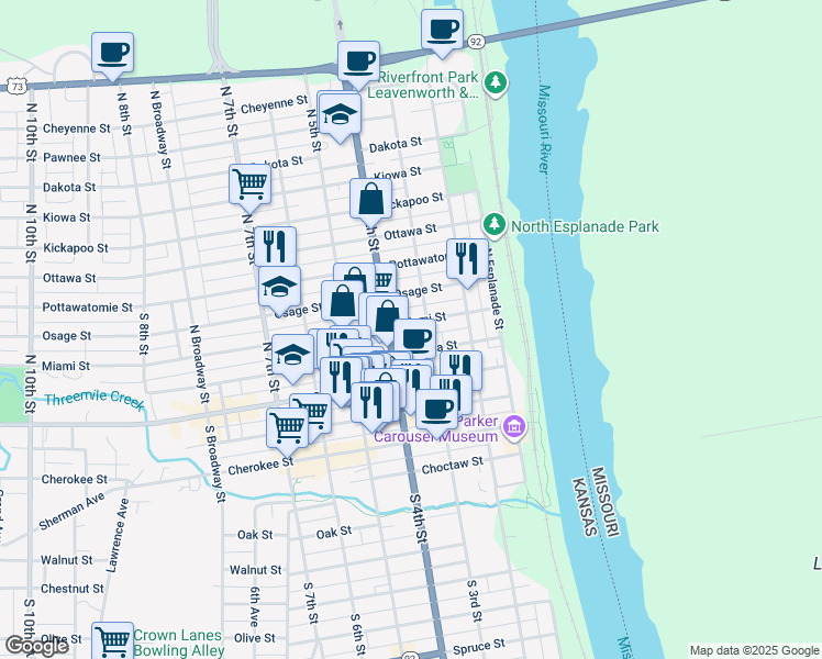 map of restaurants, bars, coffee shops, grocery stores, and more near 300 North 4th Street in Leavenworth