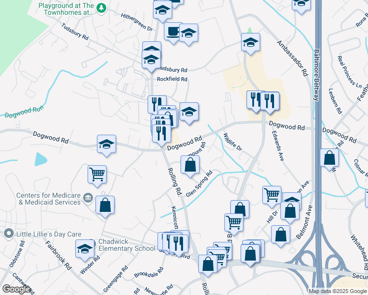 map of restaurants, bars, coffee shops, grocery stores, and more near 7019 Dogwood Road in Woodlawn