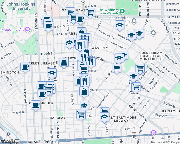 map of restaurants, bars, coffee shops, grocery stores, and more near 527 East 27th Street in Baltimore