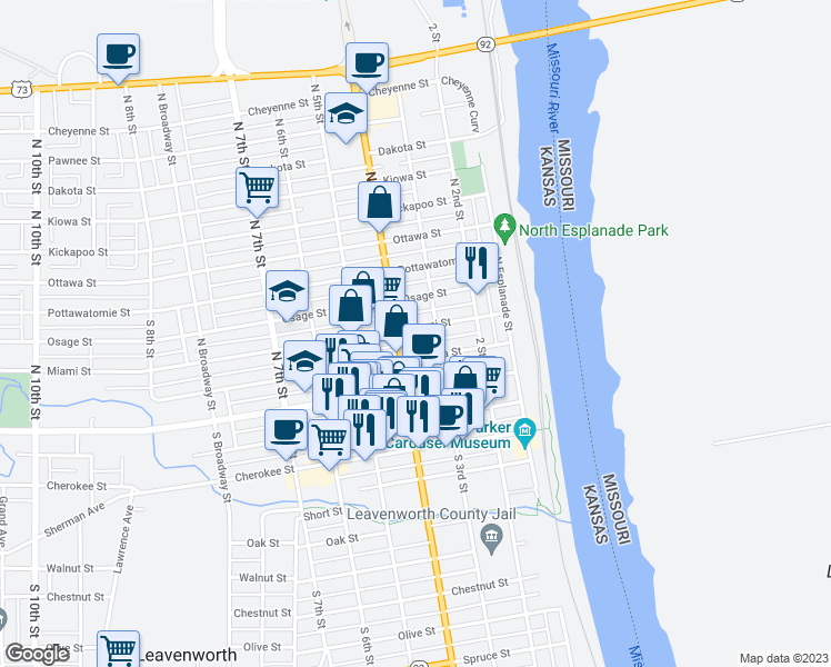 map of restaurants, bars, coffee shops, grocery stores, and more near 317 Miami Street in Leavenworth