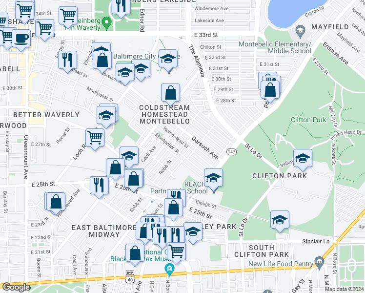 map of restaurants, bars, coffee shops, grocery stores, and more near 1625 Homestead Street in Baltimore