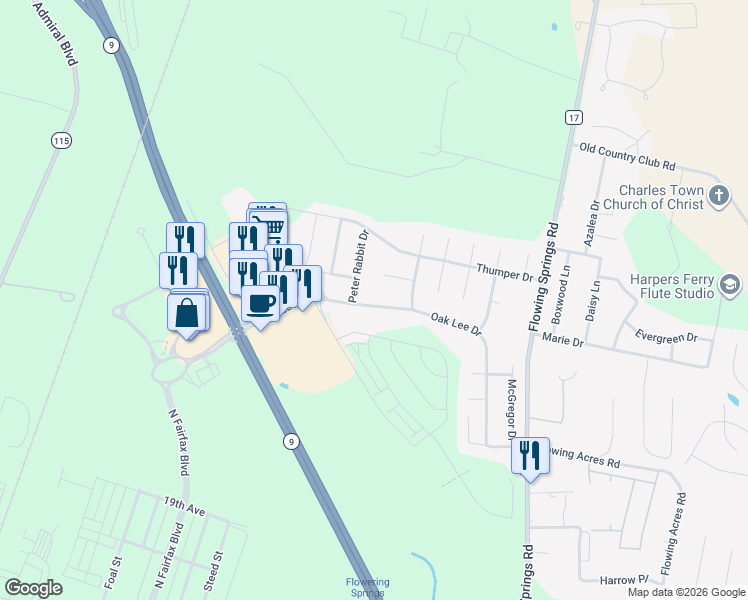 map of restaurants, bars, coffee shops, grocery stores, and more near 437 Oak Lee Drive in Ranson