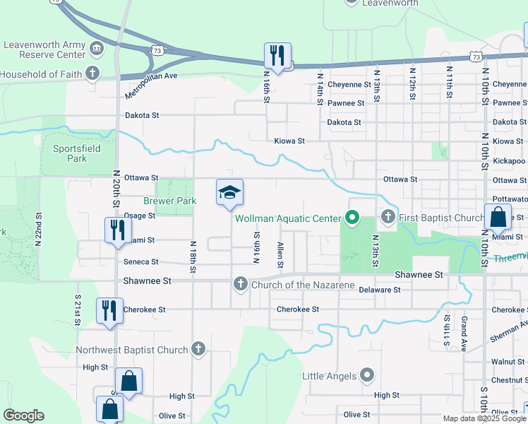 map of restaurants, bars, coffee shops, grocery stores, and more near 1520 Osage Street in Leavenworth