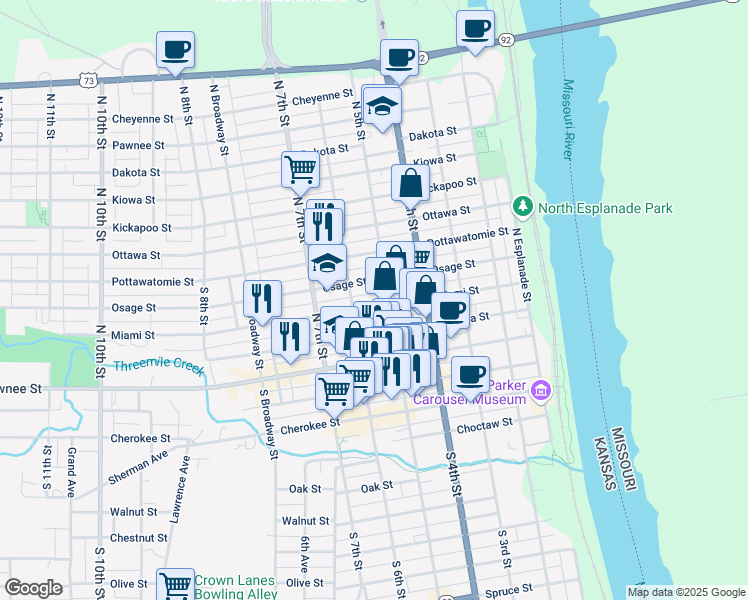 map of restaurants, bars, coffee shops, grocery stores, and more near 512 Miami Street in Leavenworth