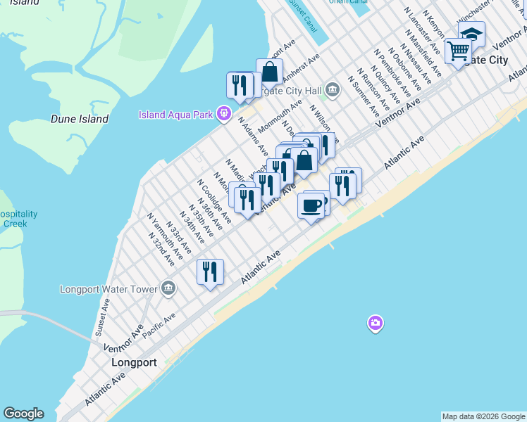 map of restaurants, bars, coffee shops, grocery stores, and more near 9605 Ventnor Avenue in Margate City