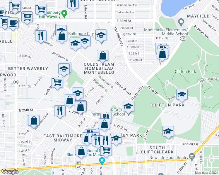 map of restaurants, bars, coffee shops, grocery stores, and more near 1623 Homestead Street in Baltimore