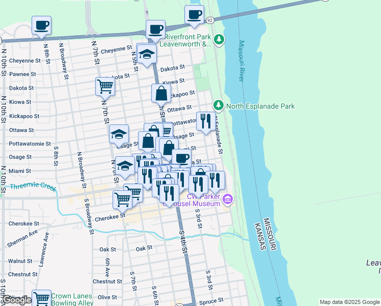 map of restaurants, bars, coffee shops, grocery stores, and more near 231 Miami Street in Leavenworth