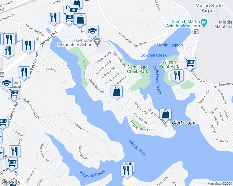 map of restaurants, bars, coffee shops, grocery stores, and more near 2133 Southorn Road in Middle River