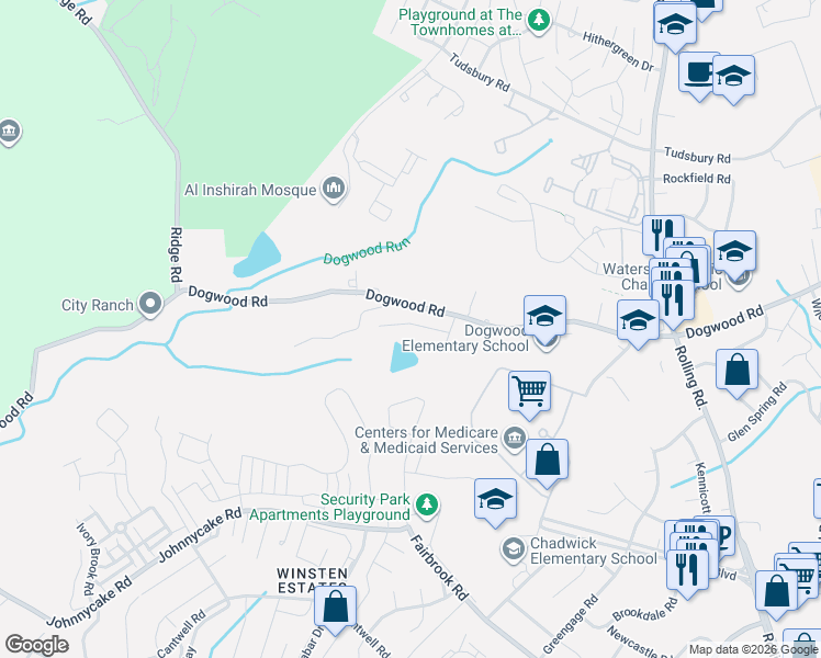map of restaurants, bars, coffee shops, grocery stores, and more near 7271 Clarity Court in Woodlawn