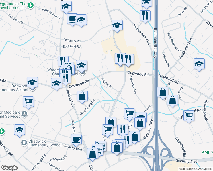 map of restaurants, bars, coffee shops, grocery stores, and more near 2202 Wildlife Drive in Woodlawn