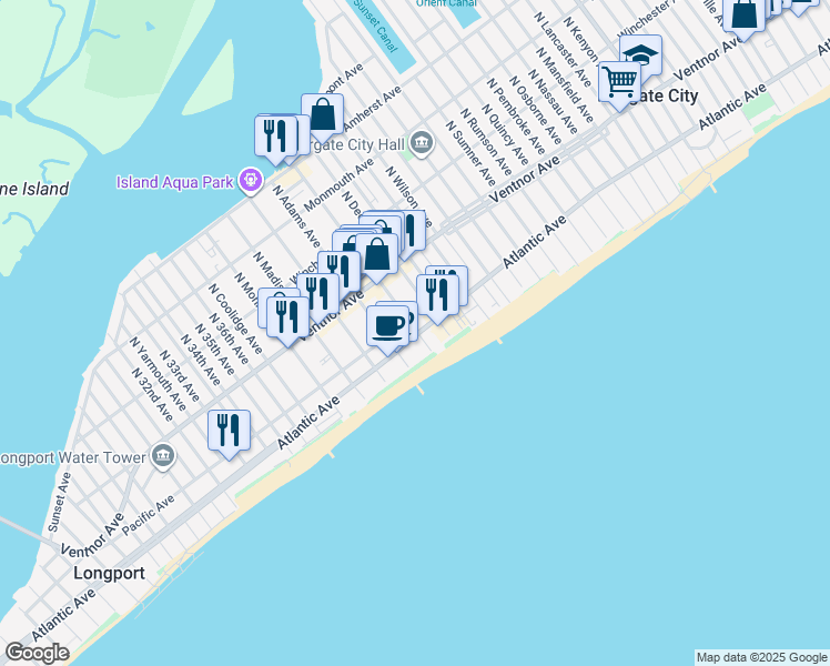 map of restaurants, bars, coffee shops, grocery stores, and more near 9219 South Washington Avenue in Margate City