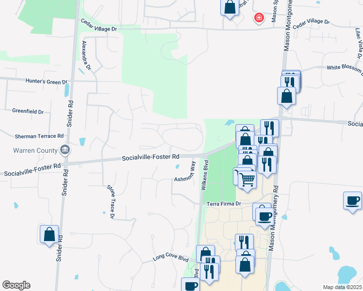 map of restaurants, bars, coffee shops, grocery stores, and more near 5378 Harbourwatch Way in Mason
