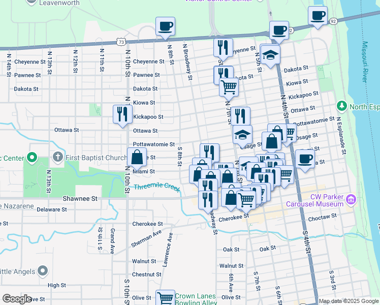 map of restaurants, bars, coffee shops, grocery stores, and more near 778 Osage Street in Leavenworth